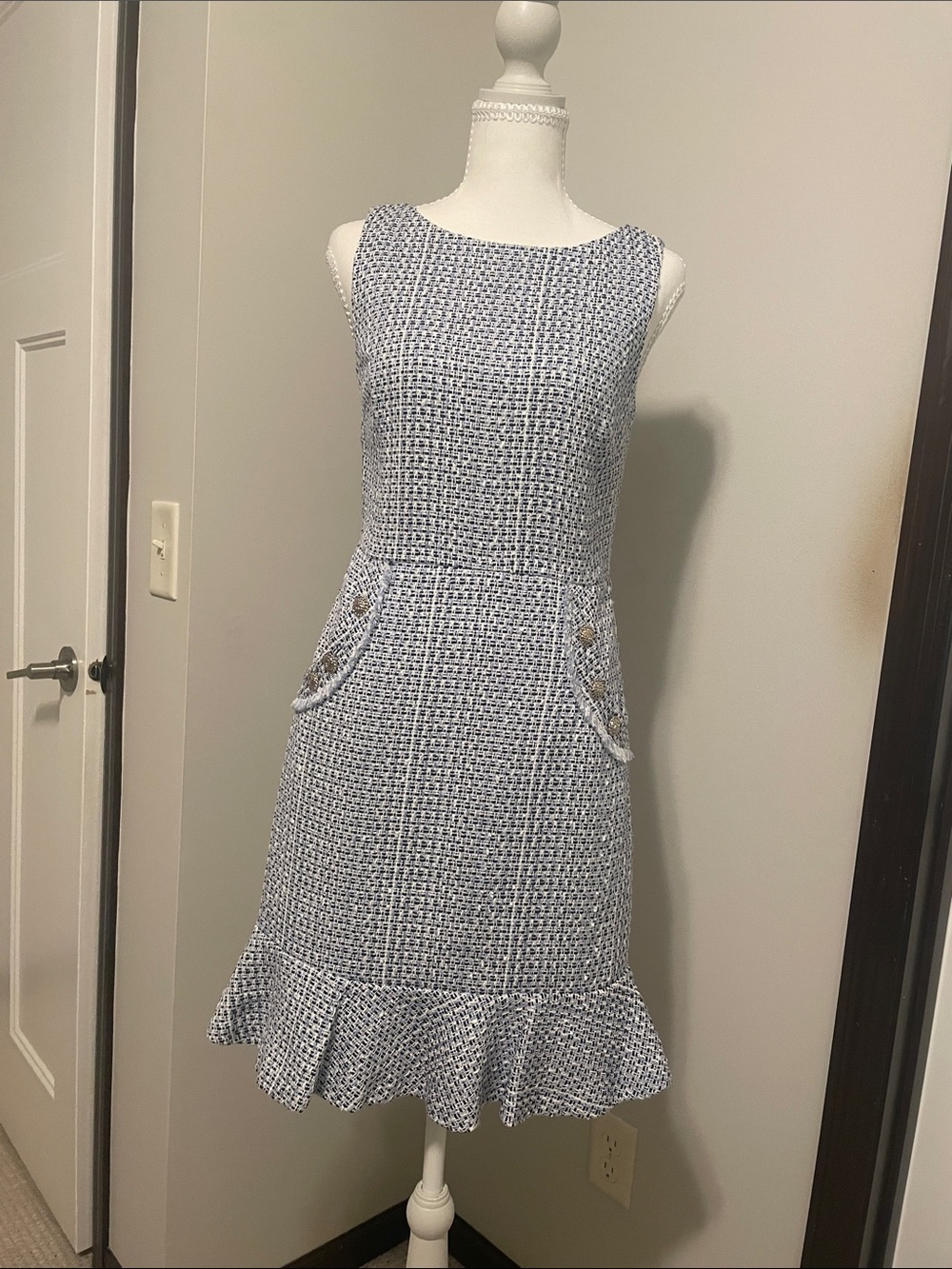 Karl Lagerfeld Blue and White Tweed Ruffle-Hem Midi Dress